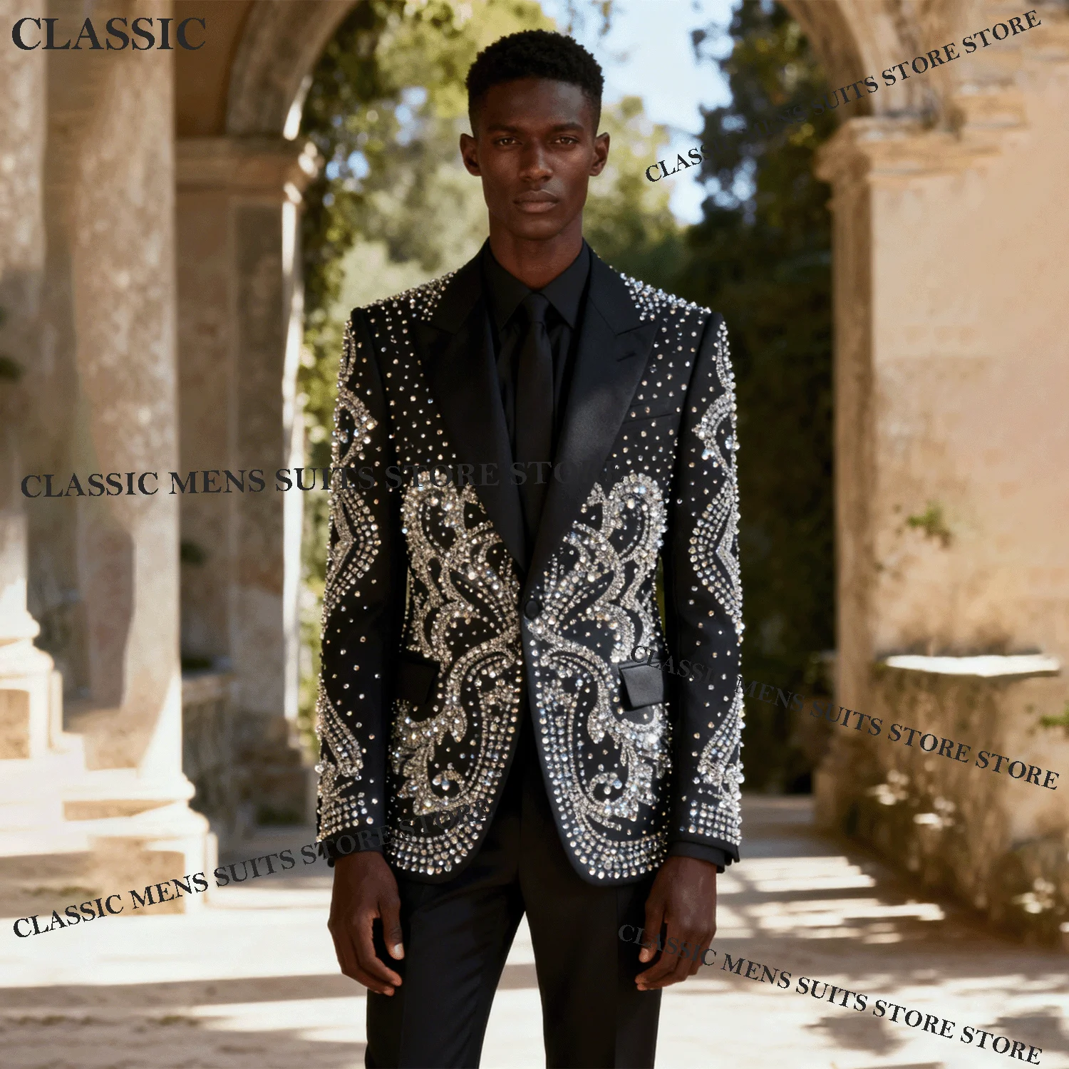 

Glitter Metallic Jewelry Ornament Tuxedo Men Suits 2 Piece Wedding Groom Male Prom Blazer Slim Party Ternos Completo Customized