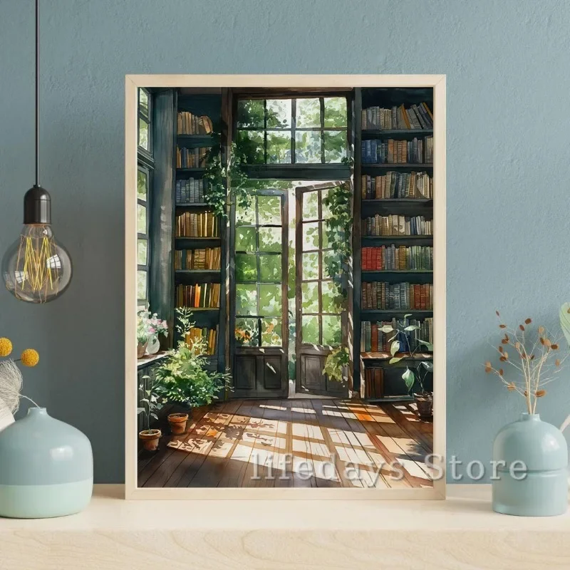Vintage Greenhouse Library Bookish Books Plants Poster Canvas Printing Book Store Antique Wall Art Picture Reading Room Decor