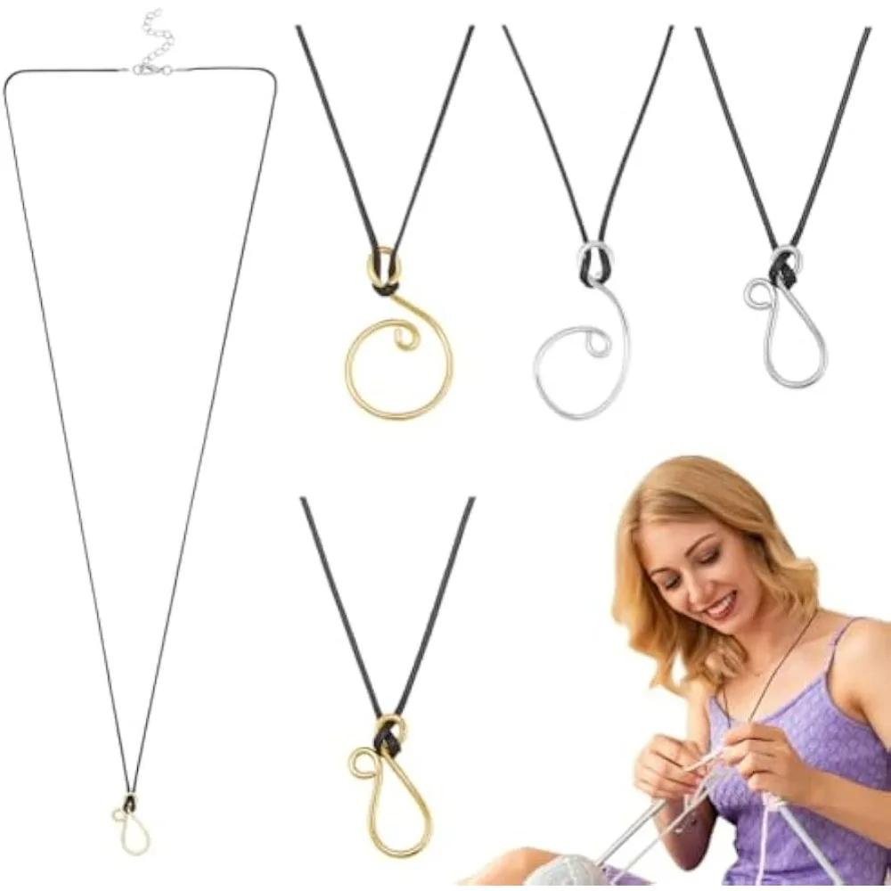 4 Pcs Adjustable Portuguese Knitting Necklace 17in Yarn Tension Control Tool Music Note Aluminum Knitting Pin for Knitters
