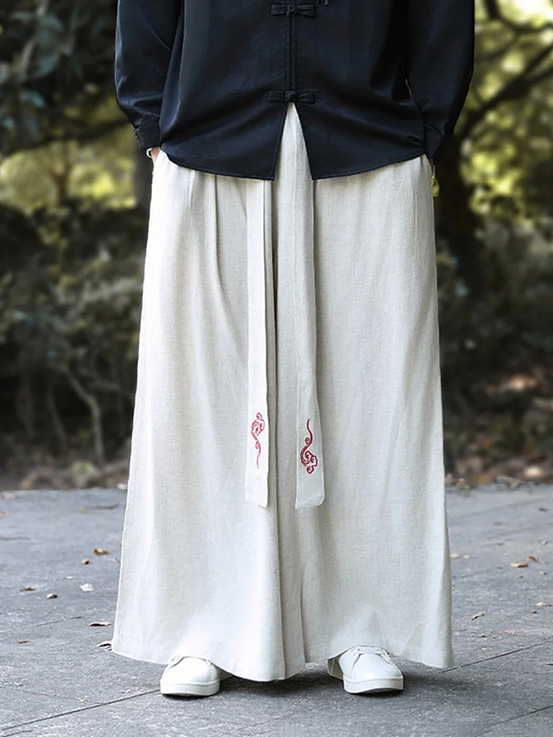 New Men's Premium Autumn Linen Cotton Blend Traditional Chinese Style Wide-Leg Pants Comfortable Loose Fit for Daily Ca