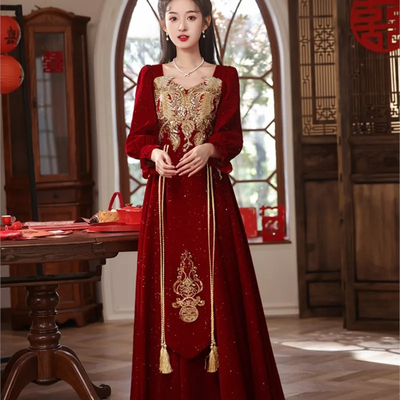 Large size toasting fashion order wine red long sleeve velvet dress