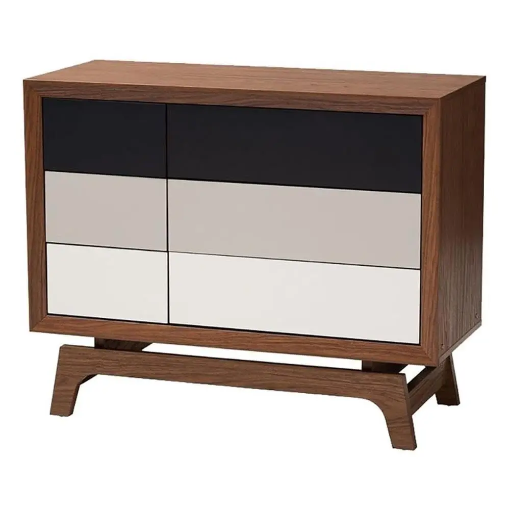 

Mid Century 6 Drawer Wooden Chest, Walnut Finish MDF Wood Dresser, Multicolored Gray and White Drawer Fronts, Retro Angled Legs