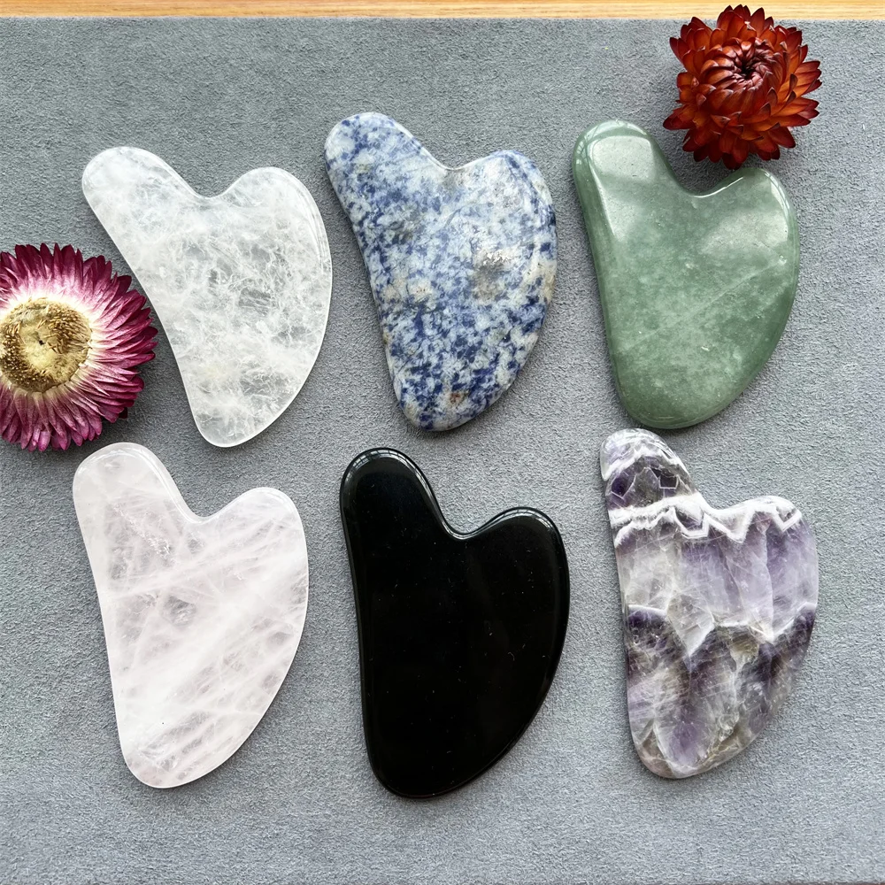 Heart Natural Rose Quartz Amethyst Gua Sha Scraper Board Massage Obsidian Healing Crystal SPA Beauty Tools For Neck Back Body