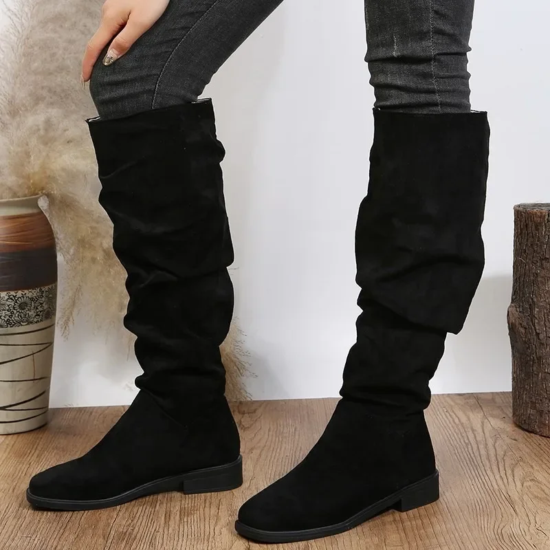 Fashion Knee High Chelsea Boots For Women 2024 Low Hees Autumn New Ladies Modern Denim Female Shoes Pointed Toe Western Boots