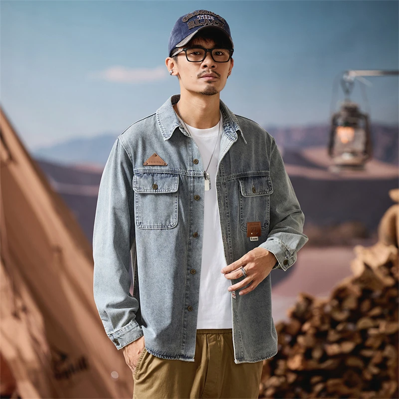 

Loose Long Sleeve Men's Denim Shirt Trendy Brand Handsome American Jacket Outerwear Top 2025 Autumn Winter New Arrival