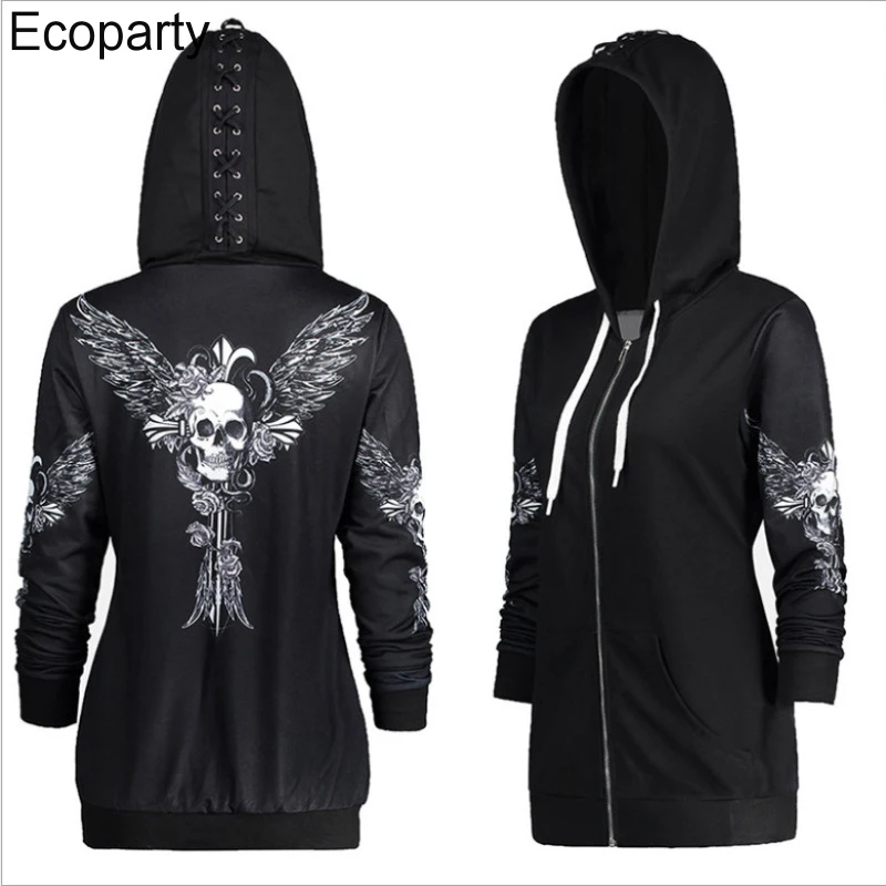 New Women Gothic 3d Skull Printed Hoodie Coat Black Long Sleeves Zip Up Loose Casual Hooded Jacket Aldult Darkness Sweatshirt