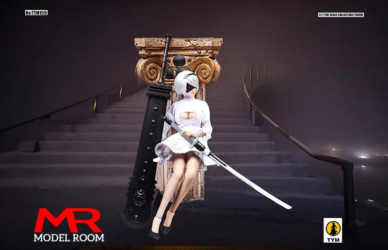 TYM159 1/12 2B Girl White Black Dress Head Sculpt Knife Model Cosplay Clothes Props Fit 6'' Female Soldier Action Figure Body