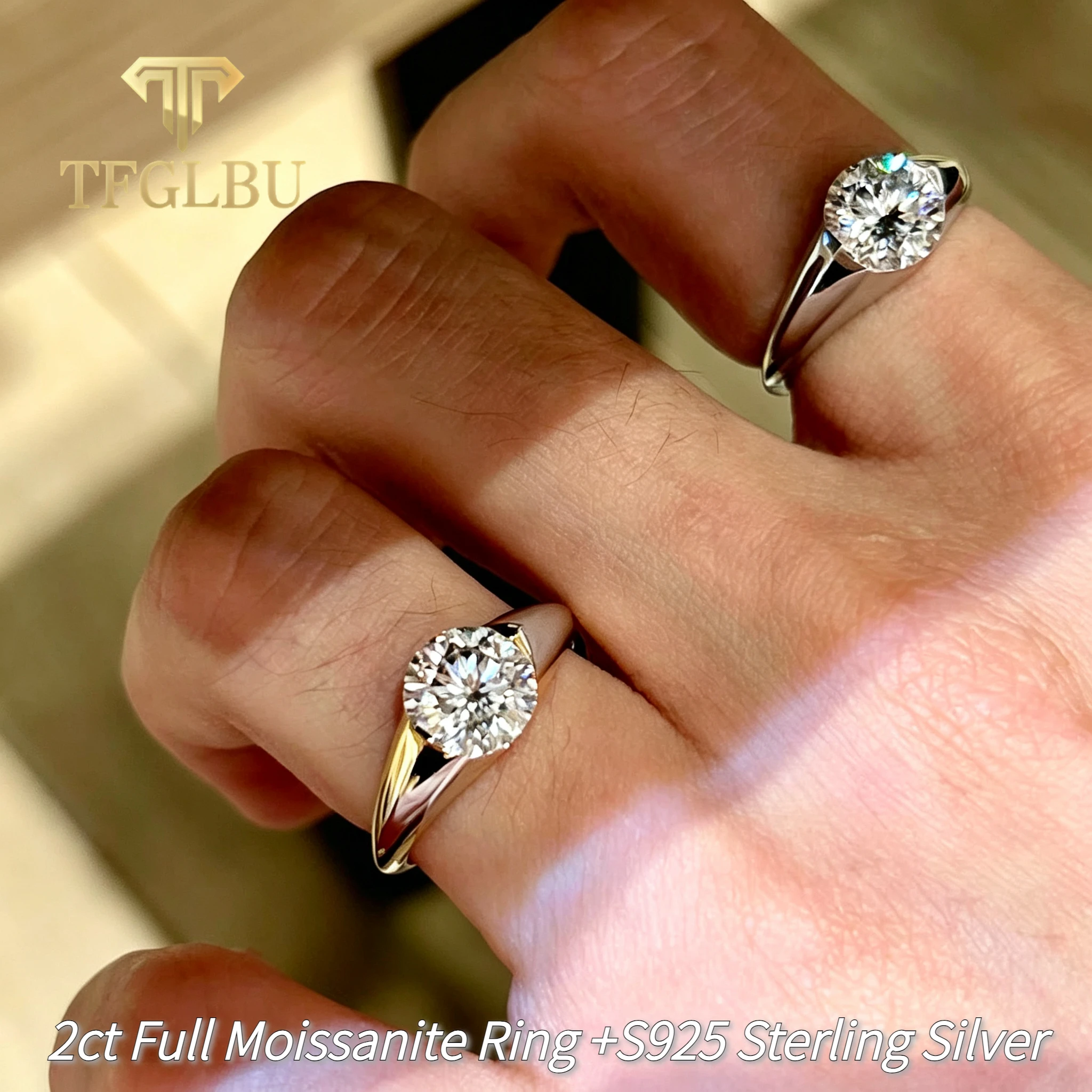 TFGLBU 2CT Round Cut Moissanite Engagement Rings S925 Silver Tapered Band Solitaire Ring for Women Men Wedding Promise Ring Gift