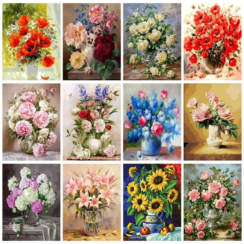 

PhotoCustom Painting By Numbers Kits With Frame Poppy White Vase Picture Numbers Craft Unique Diy Gift For Home Decors