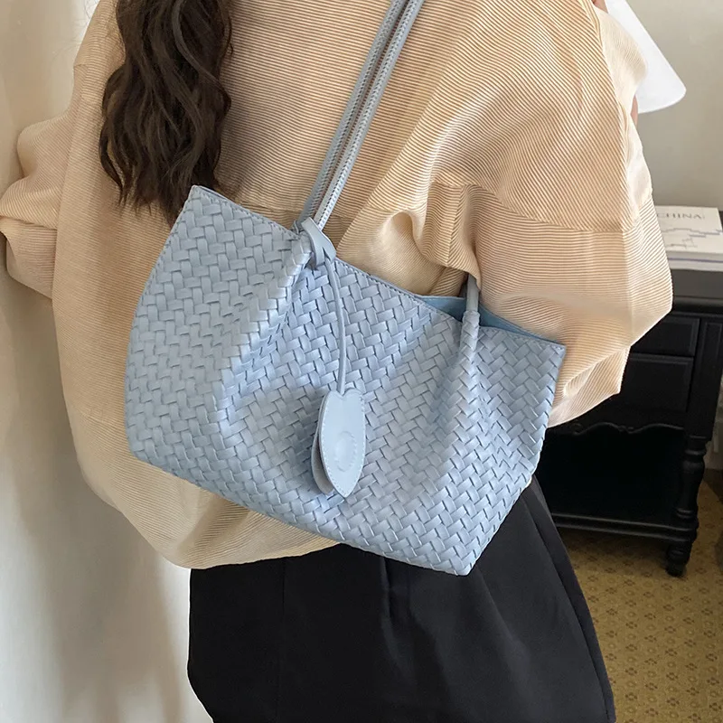 Woven Tote Bag Women Large Capacity PU Leather Shoulder Bag Soft Hobo Handbag Commuter Purse with Matching Pouch