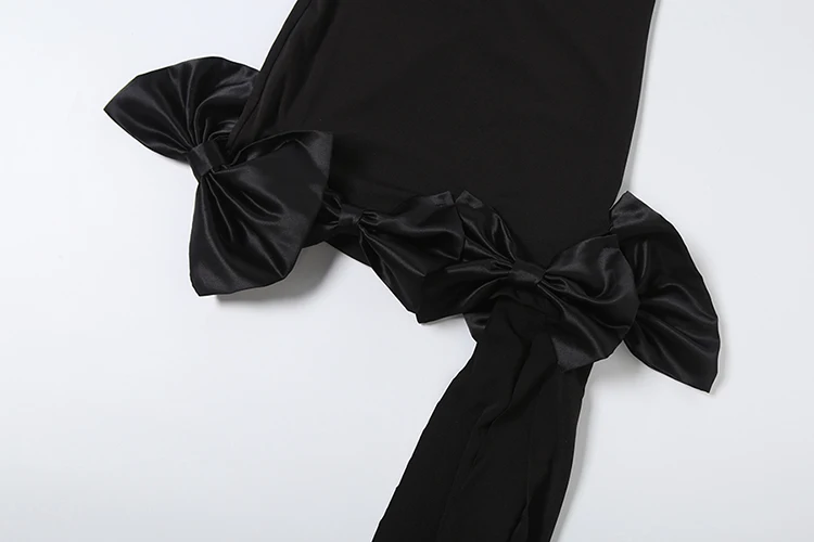 Weird Puss Kleid mit Schleifendekoration am Saum, Damen, Falten, Quasten, Neckholder, Bandage, ärmellos, rückenfrei, eng anliegend, elegant, Party, sexy, Bodycon – Detail 10