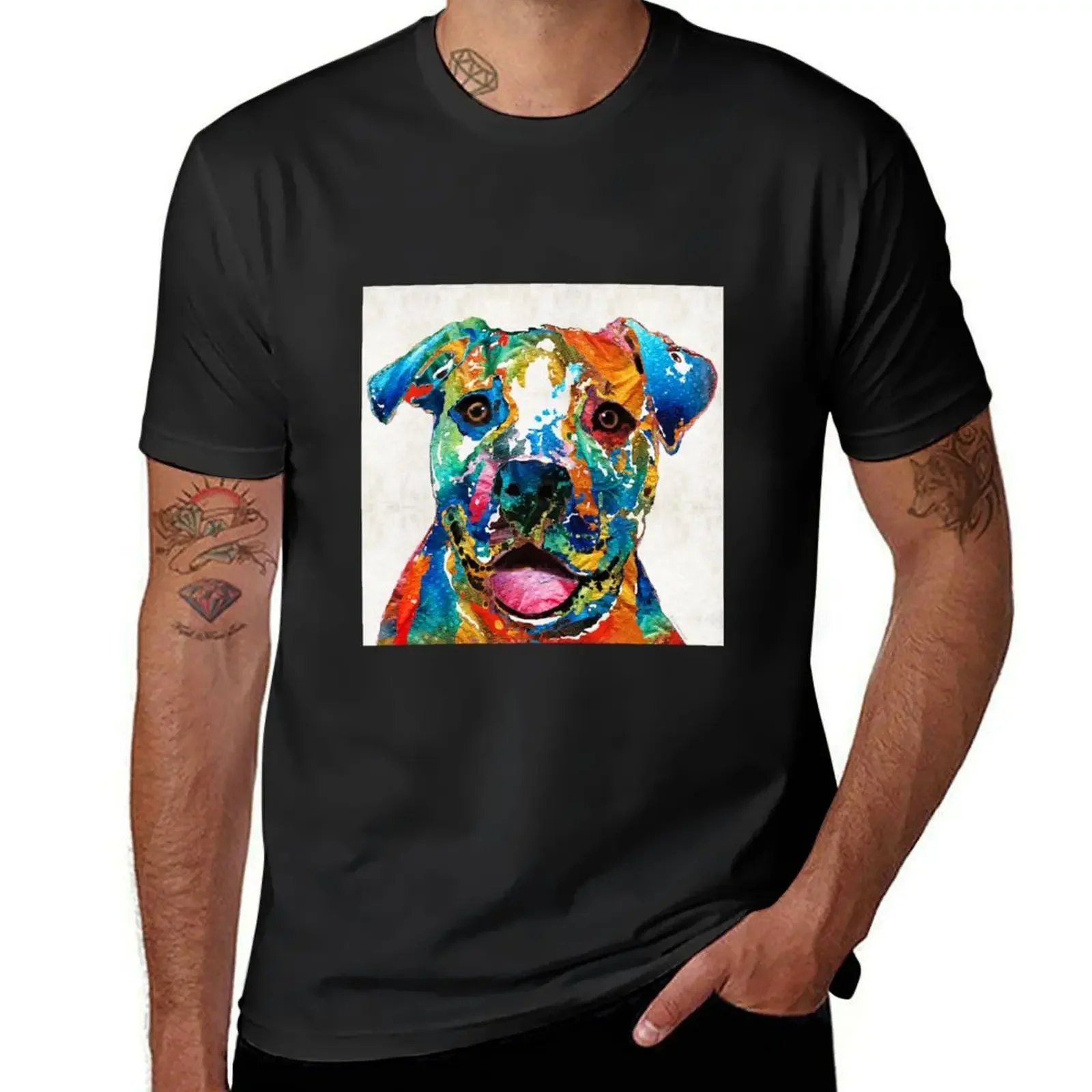 Colorful Dog Pit Bull Art - Happy - By Sharon Cummings T-Shirt anime t shirts mens t shirts top quality