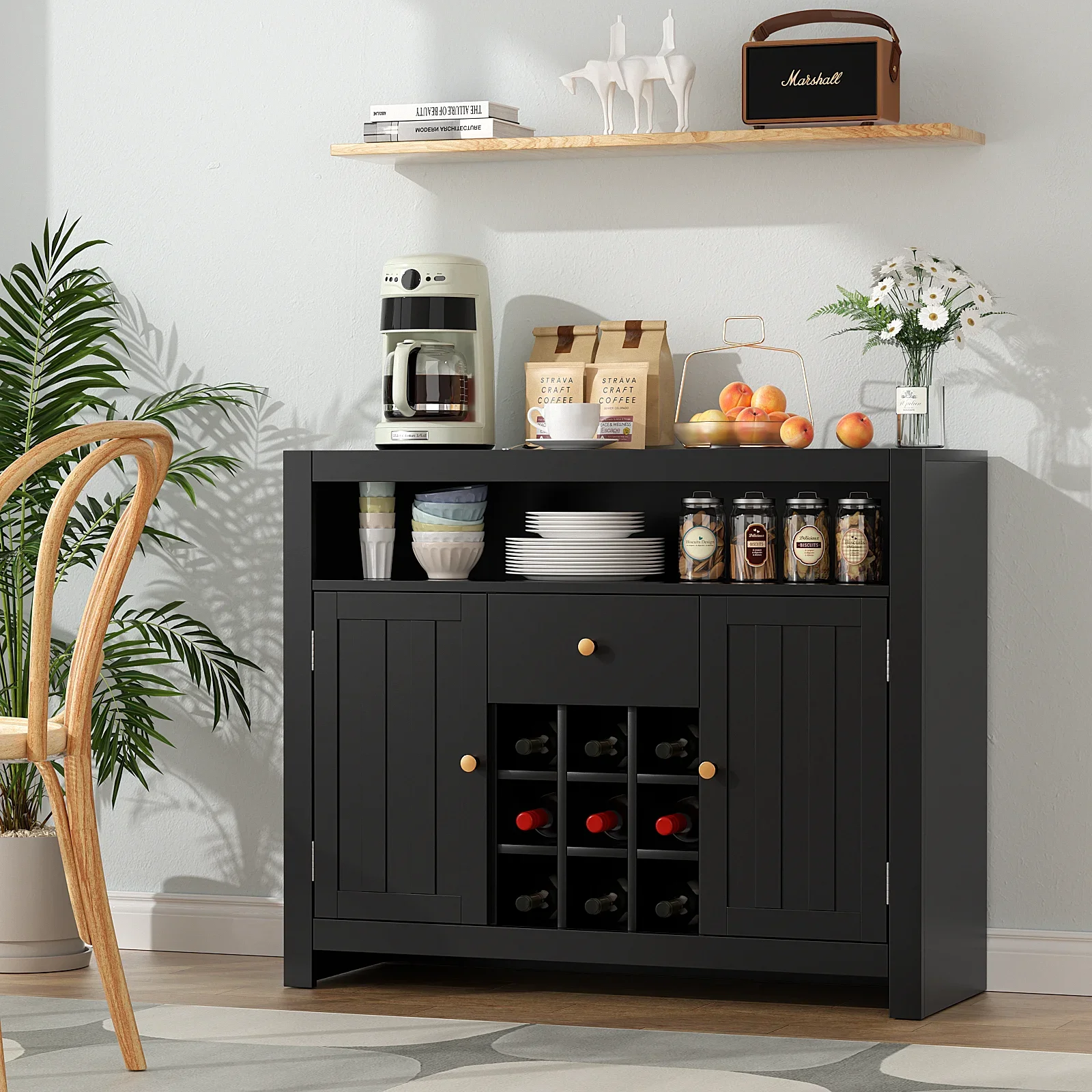

VOWNER Sideboard Buffet Cabinet with 1 Drawer and 2 Doors, Kitchen Storage Cabinet with Open Compartment & Wine Rack