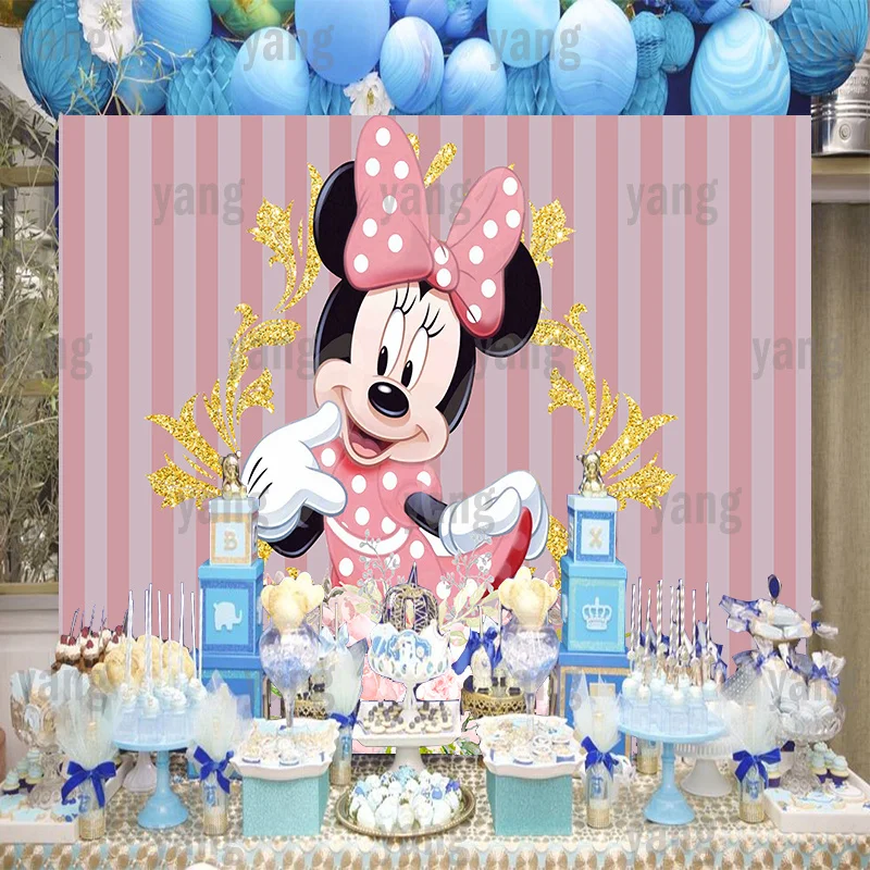 Cartoon Custom Disney Baby Mickey Minnie Mouse Lovely Flowers Birthday Party Decoration Pink Backdrop Photography Background