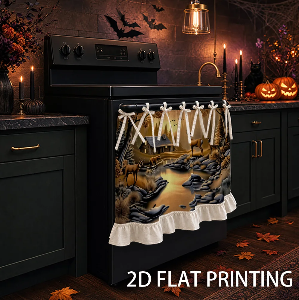 1PC kitchen stove curtain, cabinet curtain and apron. Featuring a 2D graphic design with rustic cabin, deer and forest landscape