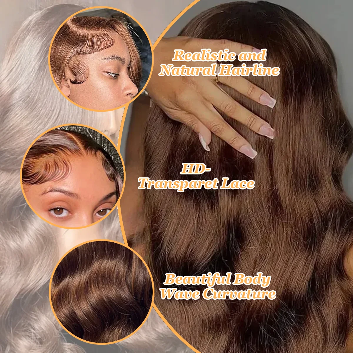 # วิกผมบราซิลแท้สำหรับผู้หญิง สีน้ำตาลช็อกโกแลต 4 เฉด ขนาด 36 นิ้ว ความหนาแน่น 220% แบบลอน Body Wave  พร้อมฐานลูกไม้โปร่งใส HD ขนาด 13*6 และ 13*4