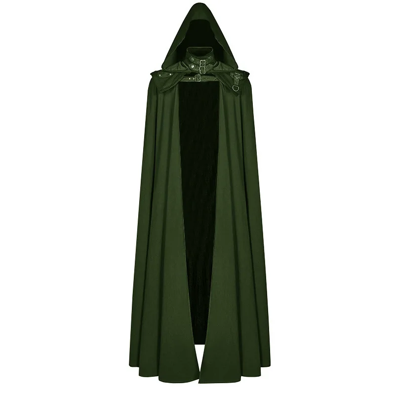 Medieval Cloak Hooded Coat Men Assassin Cosplay Costume Vintage Gothic Buckled Stand Collar Leather Shoulder Knights Maxi Cape