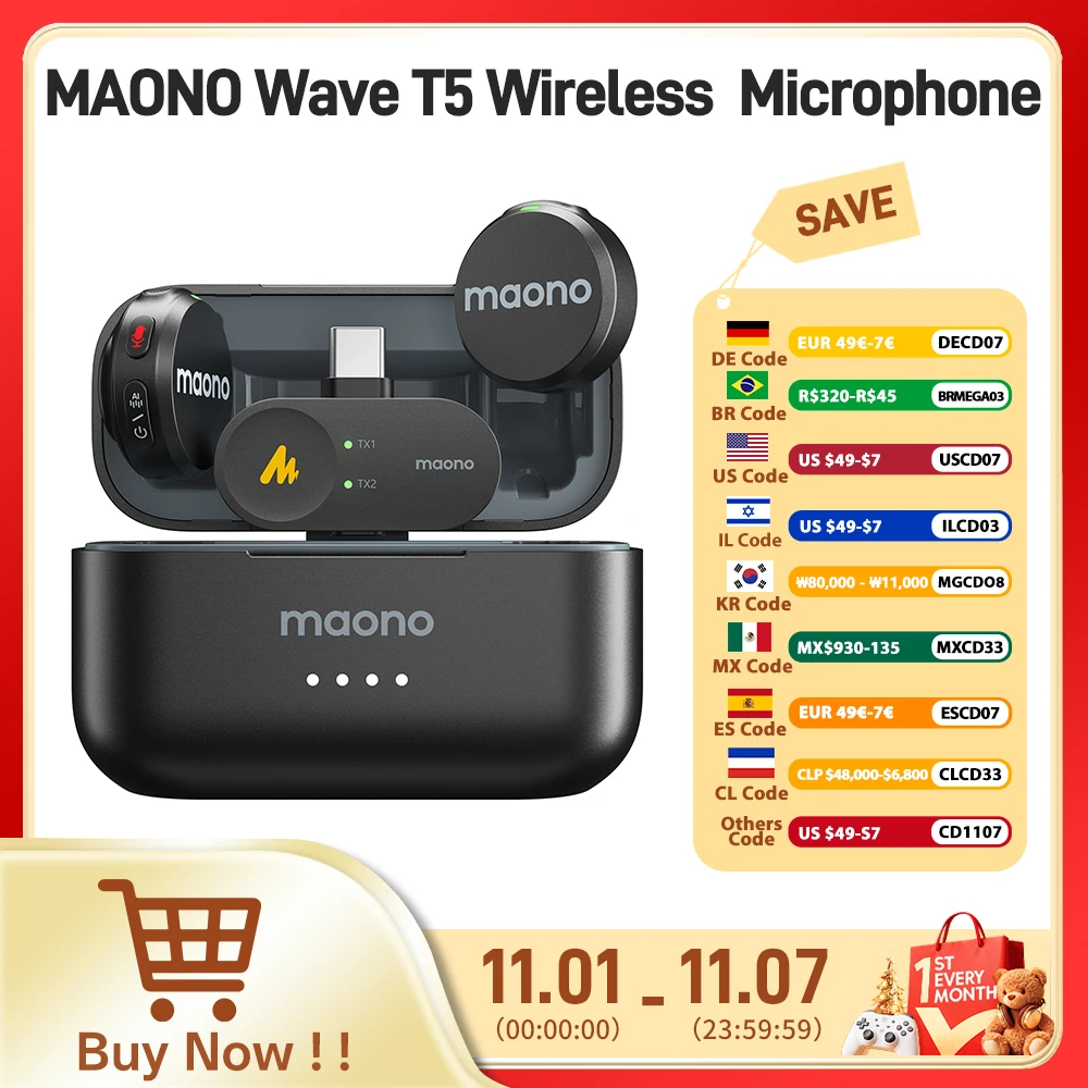 

Maono Wave T5 Wireless Lapel Microphone Mini Voice Filter Noise Cancellation for Video Recording Streaming fit for Phones Camera