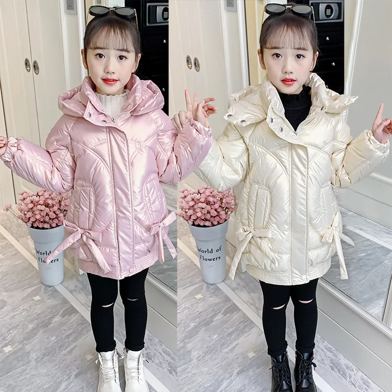 

2024 Winter School Girl Shiny No-wash Parkas Coats Junior Girl Thicken Warm Outwears Children Girl Zipper Hooded Cotton Jacket