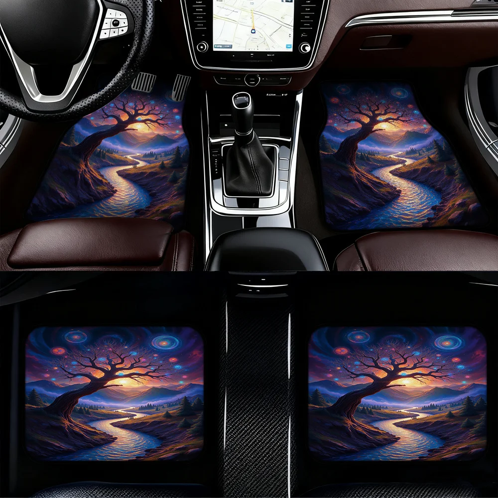 4pcs Vehicle Floor Mats Showcasing Dreamlike Night River Pattern, Designed For Trucks Or Minivans, Including Easy Maintenance Be