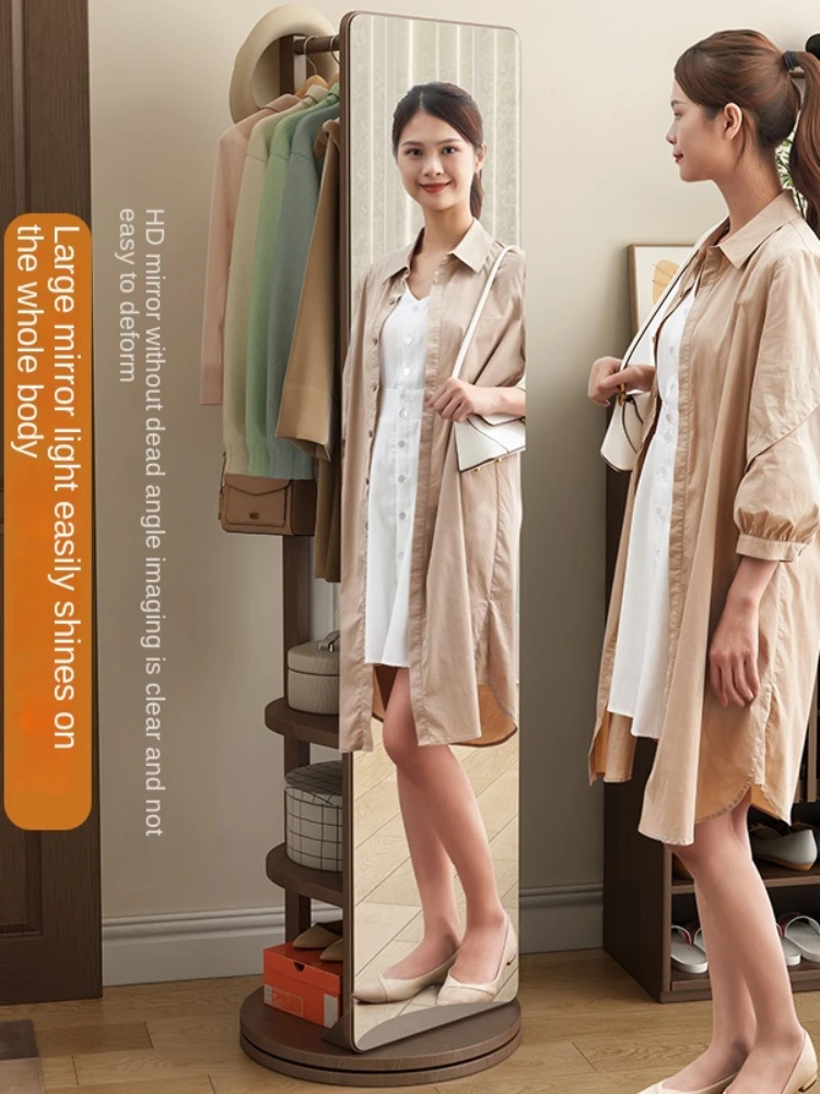 Qf Solid Wood Full-Length Mirror Floor Mirror Rotatable Mobile Full-Length Mirror with Clothes Rack