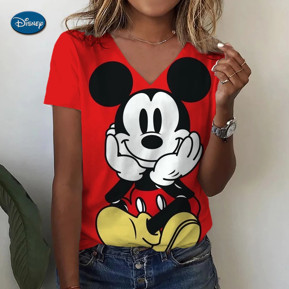 5XL bluzki damskie luźna koszulka damska z krótkim rękawem i dekoltem w szpic i dekoltem 3D Disney Minnie myszka miki letnia nowa oddychające ubrania