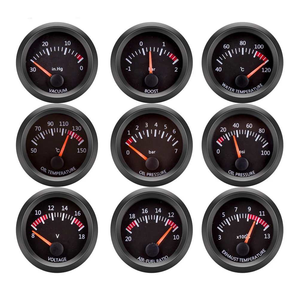 12V 52mm Car Gauge Water Temp Oil Temp Voltmeter Oil Press BAR/PSI Vacuum Boost Gauge Air Fuel Ratio EGT Gauge With Sensor