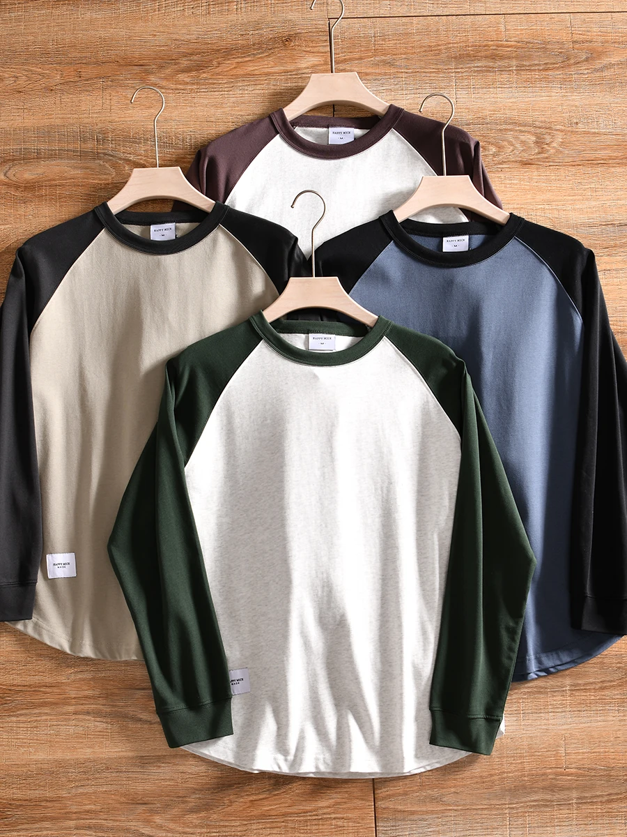 

American Retro Long Sleeve T-Shirt 280g Cotton Men's Casual Shoulder Insert Spring Autumn Season Versatile Comfortable Fit