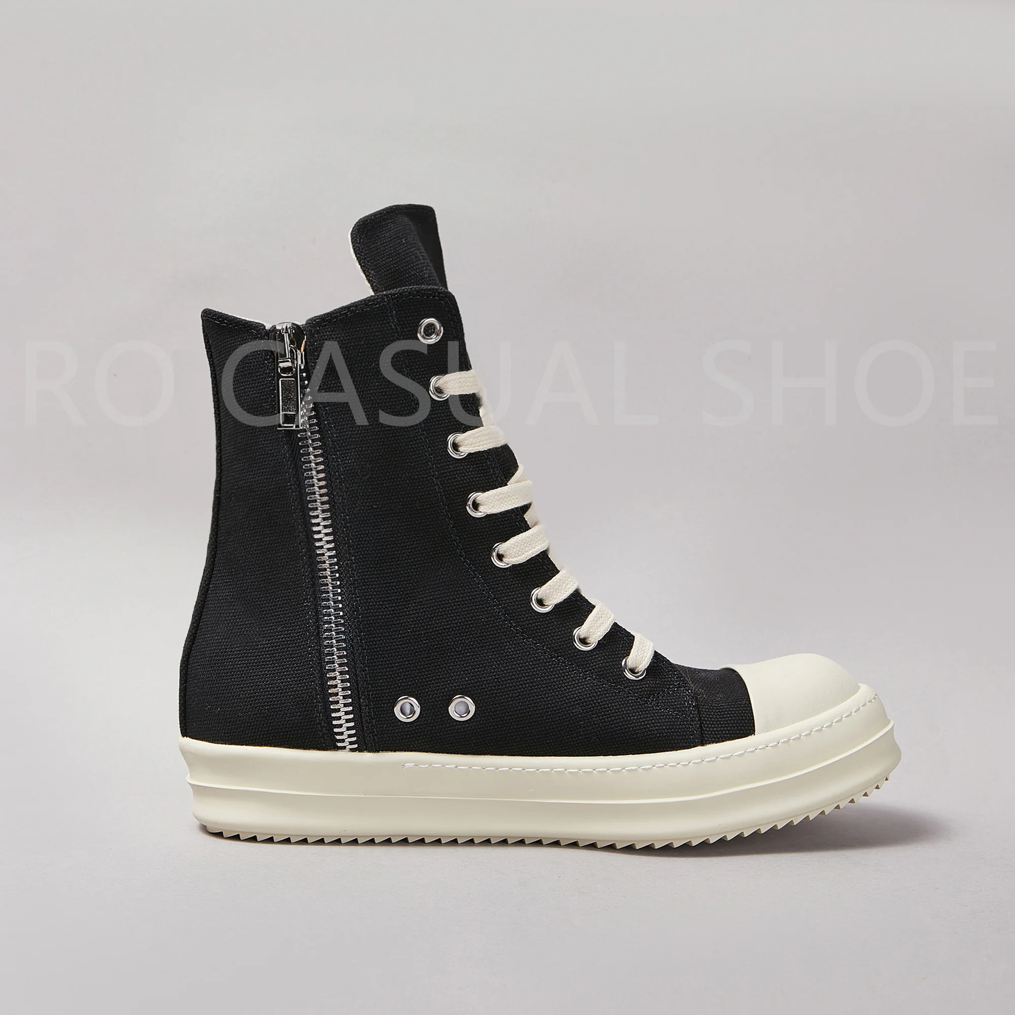 Brand Ricks Casual Black Canvas Men Shoe High Top Women Sneaker Quality Ankle Boot Fashion Zip Thick-sole Flat owens Street Shoe