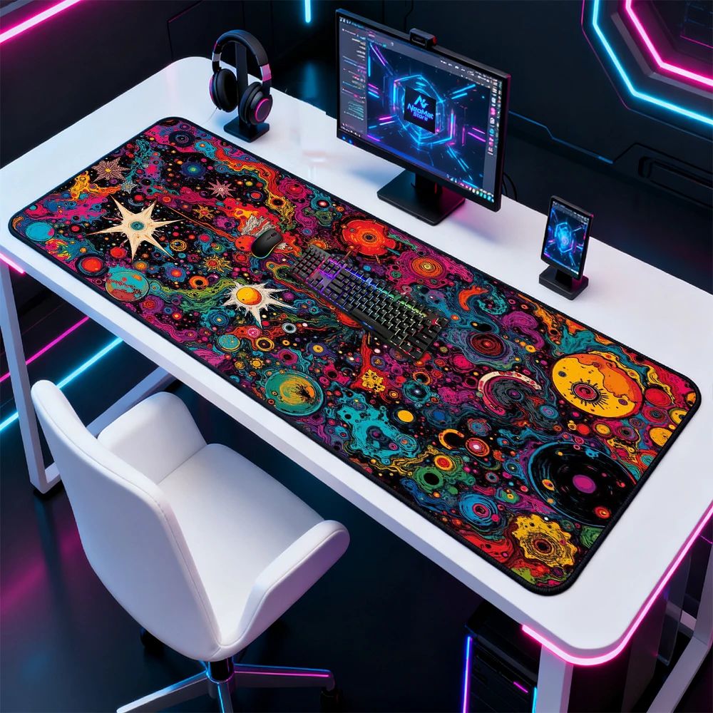 Neon Galaxy Desk Pad Extra Large Gaming Mat 120x60 5mm Playmat Thick Vibrant Cosmic Mousepad Giant Deskmat Desk Pad Mousemat