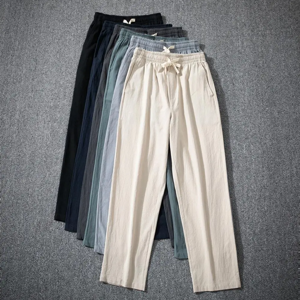 Casual Pants Simple Summer Men Casual Pants with Pockets Flax Straight Pants  Men Drawstring Pants with Pockets for Men