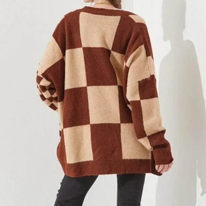 Women Checkered Cardigan  Loose Deep V Neck Long Sleeve Button Down Sweater with Pockets Autumn Winter Clothes