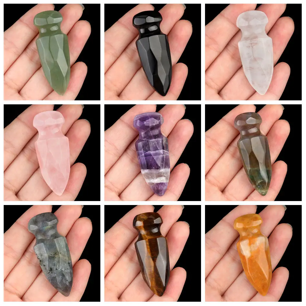 

2" High Quality Knife Daggers Shape Statue Natural Stone Crystal Amethyst Quartz Opalite Carving Home Decor Witch Halloween Gift