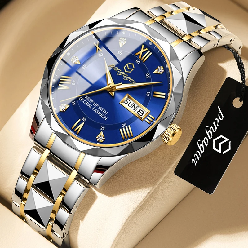 PENGAGAR Luxury Square Sport Man Wristwatch Waterproof Luminous Chronograph Quartz Men's Watches Stainless Steel Men Watch Reloj