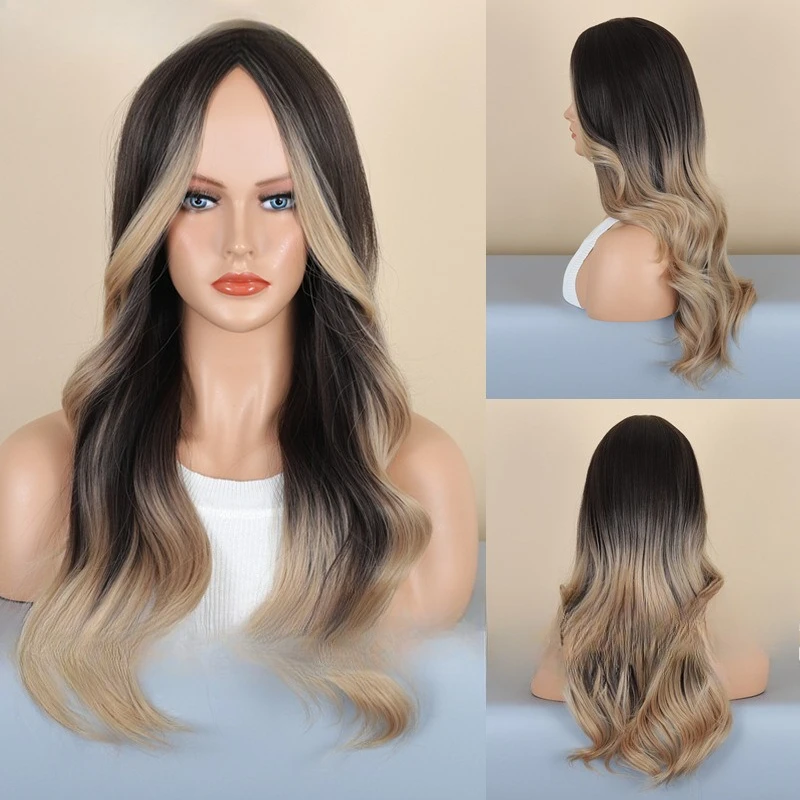 

European and American wig, dyed brown women's long curly hair, chemical fiber full headgear