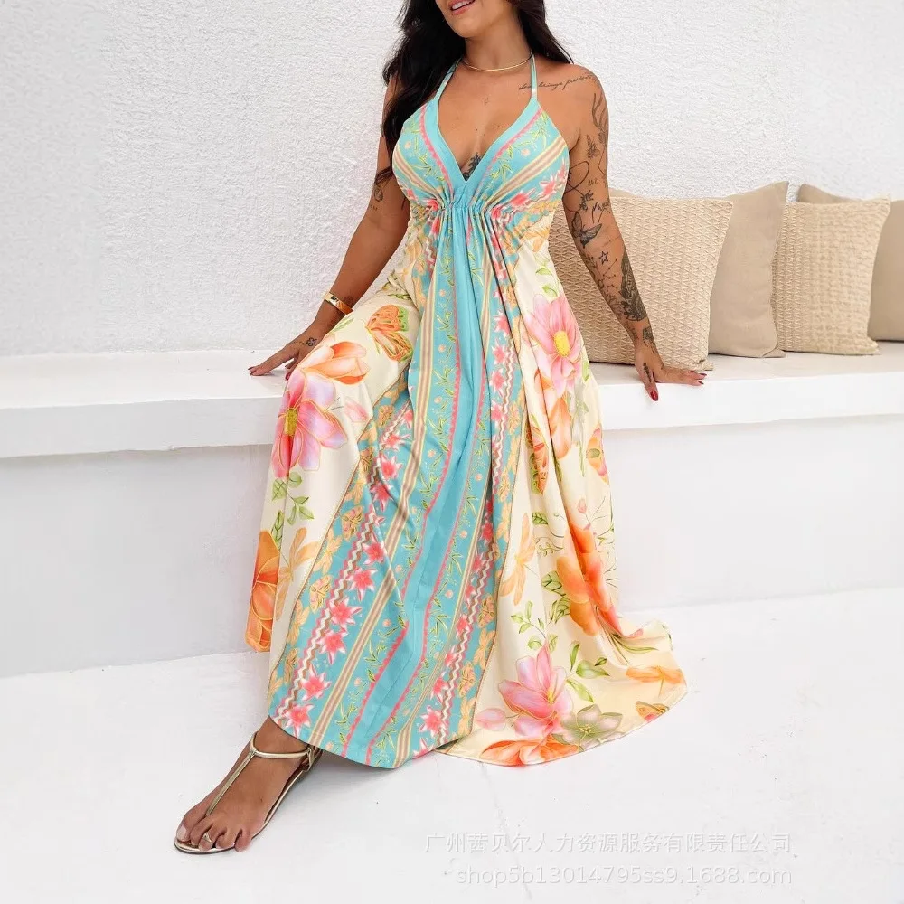 V-neck Sexy Beach Dress Women Summer Back Hollow Bacless Vacation Long Dress Sleeveless Spaghetti Strap Camis Sexy Dress