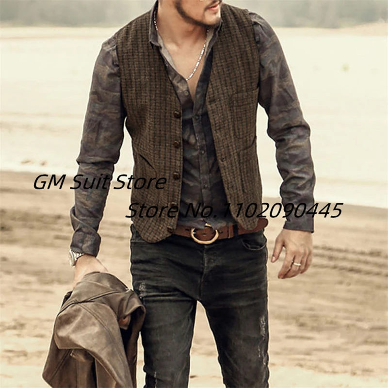 V-neck Camping Vest Single-breasted Steampunk Suit Vests Dress Man Male Working Men\'s Sleeveless Suits Blazer Clothing