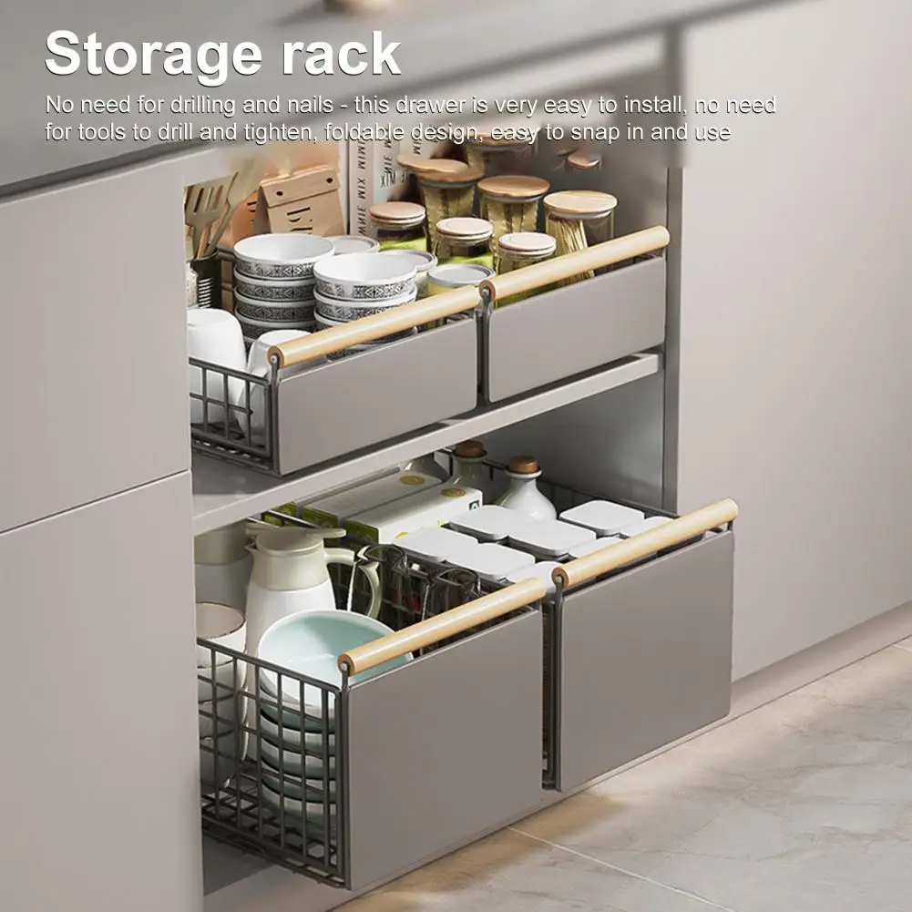 Kitchen Storage Rack Cabinet Drawer Organizer Heavy Duty Self-adhesive Storage Drawer Rack with Sliding Rail Caddy Storage Rack