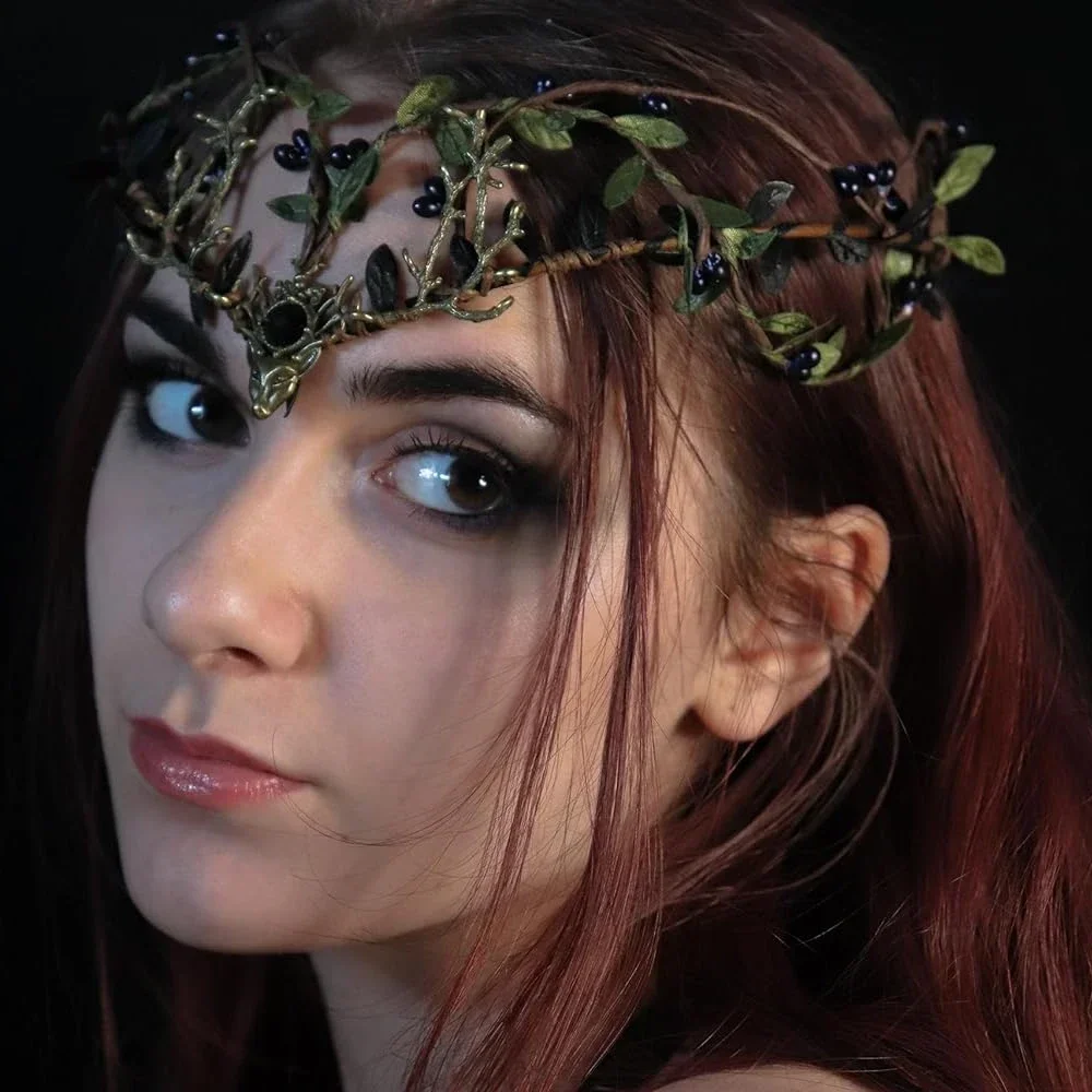 Green Elf Ears Woodland Antler Crown Set Elven Forest Heapiece for Women Girls Renaissance Christmas Cosplay