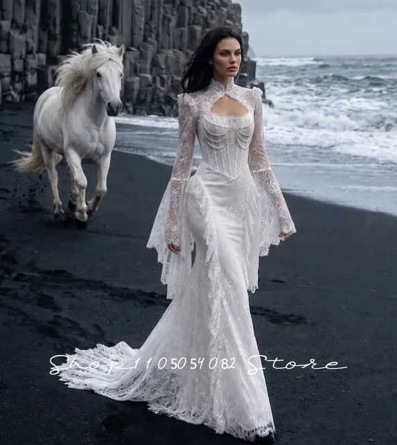 White Gothic Mermaid Wedding Dress High Neck Keyhole Bell Long Sleeve Lace Corset Boho Beach Bridal Gowns For Women Customized