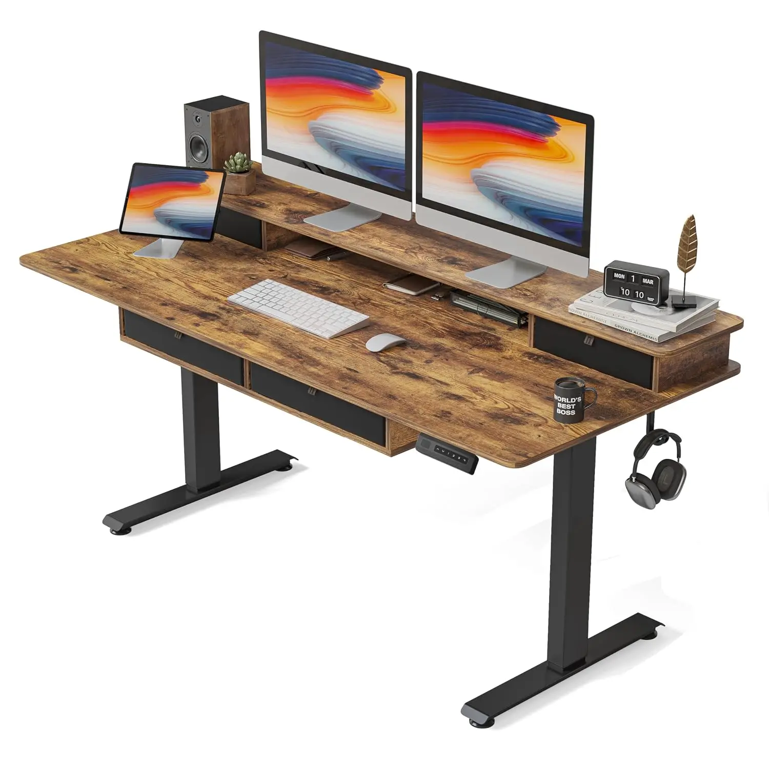 Standing Desk With 4 Drawers & Monitor Shelf, Adjustable Table For Study Gaming Workstation, 60