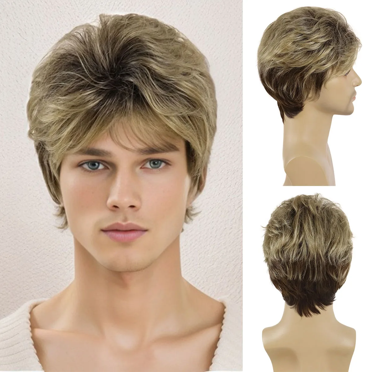 Synthetic Ombre Blonde Wig with Bangs Short Hair for Men Dark Roots Gradient Wig Natural Hairstyle Halloween Costume Wig Cosplay