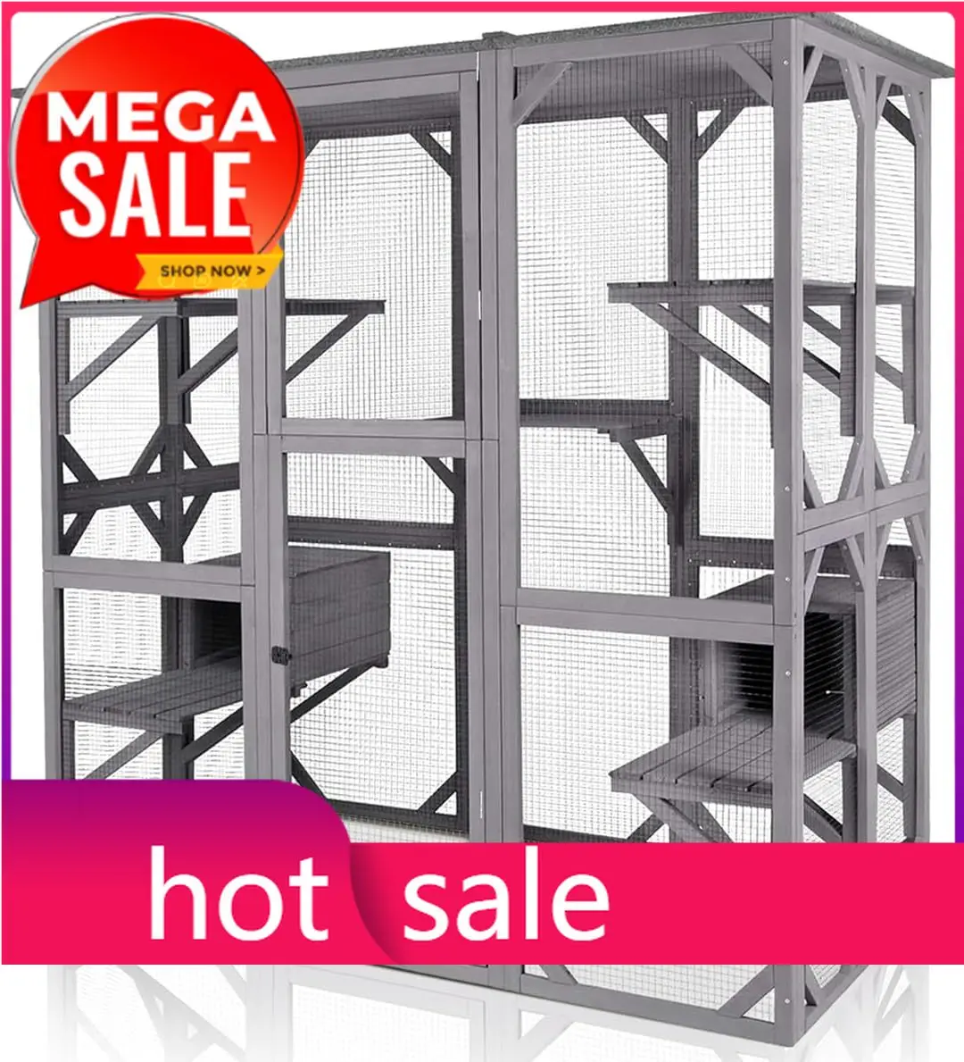 

Большой уличный вольер-домик Catio для кошек с дверцей, платформой и небольшим домиком, для использования как на улице, так и в помещении.