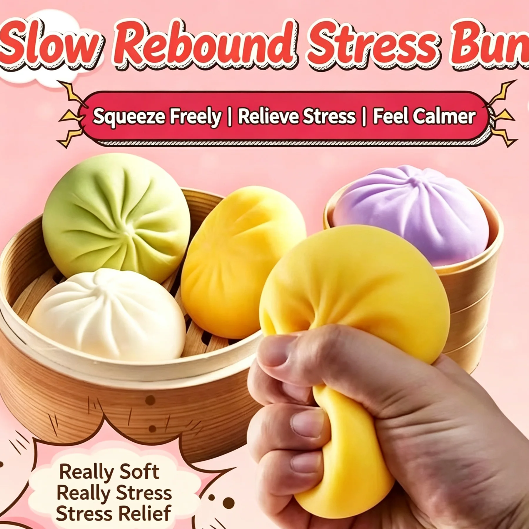 Slow Rebound Stress Relief Bun, Squeeze and Knead Toy for Anxiety and Relaxation, Soft Cute Emotional Support Squishy for Kids and Adults (Light Yellow)