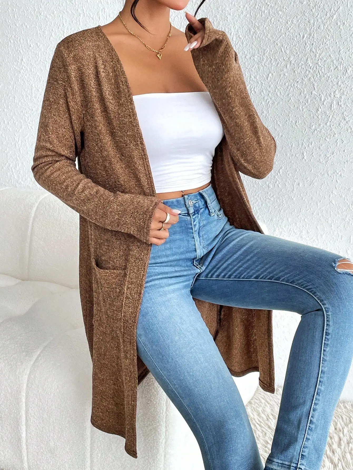 سترة نسائية محبوكة رفيعة مفتوحة من الأمام وأكمام طويلة سترة كاجوال مريحة لربيع وصيف وخريف