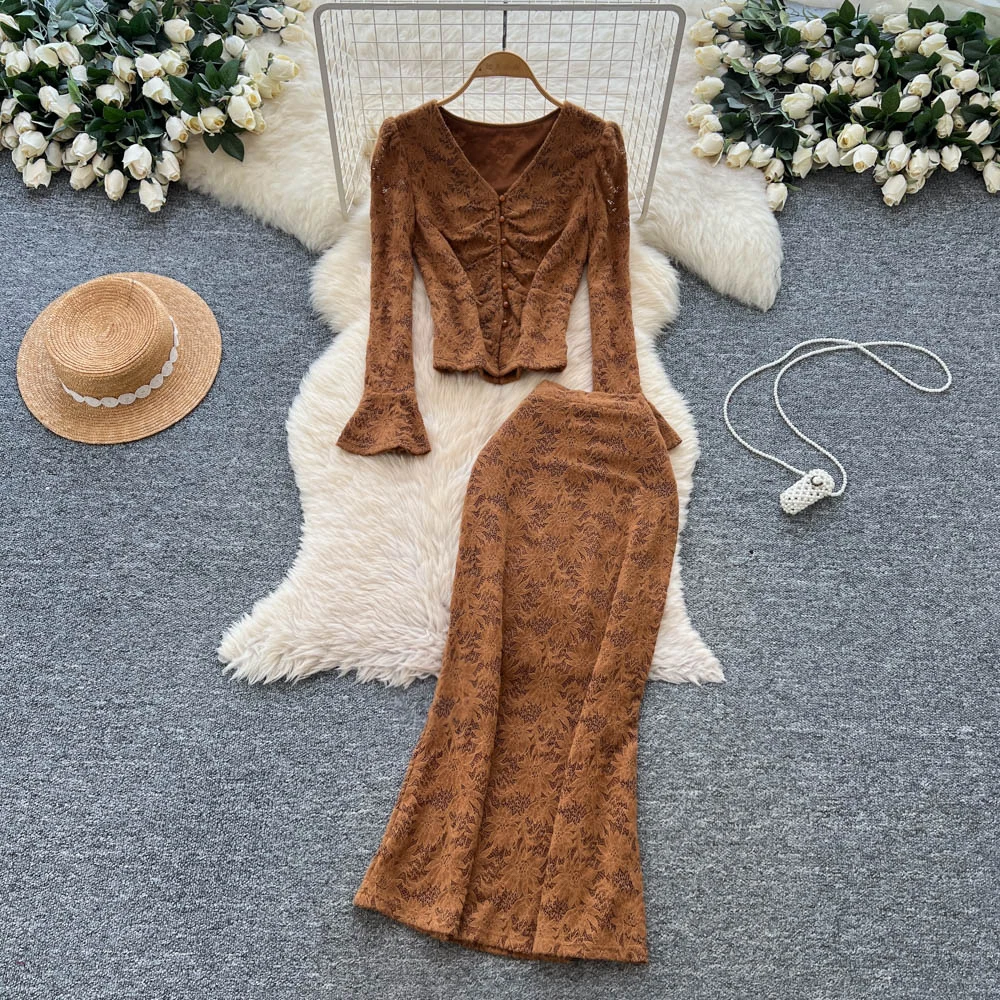 

Винтажная элегантная кружевная корейская модная женская одежда с v-образным вырезом и длинными рукавами, церемониальные платья, комплект из двух предметов