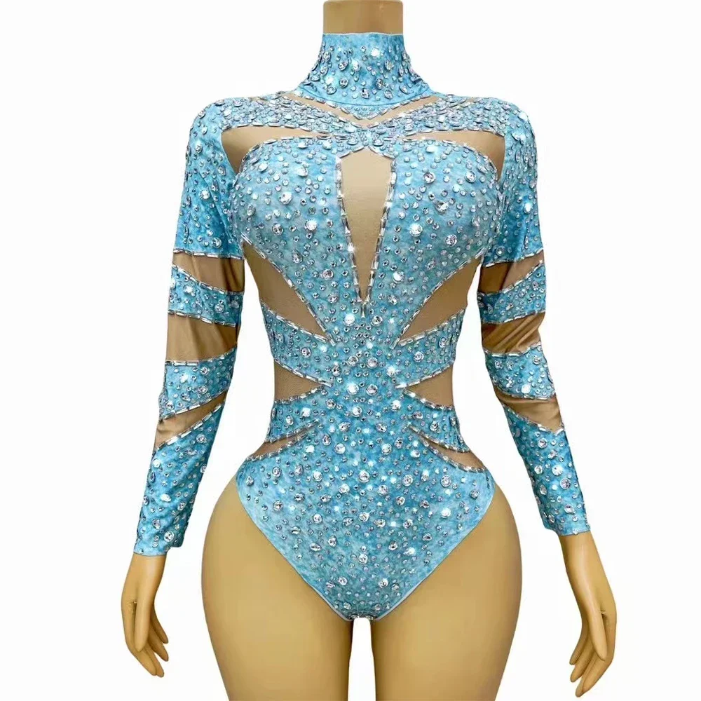 Sexy Stage Sky Blue Spandex Leotard Silver Rhinestones Luxury Celebrate Bodysuit Outfit Party Singer Collection Birthday Costume