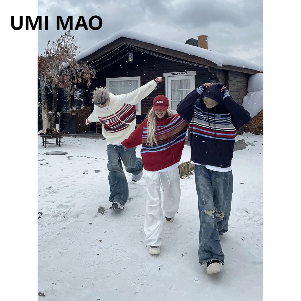 UMI MAO Korean College Style Relaxed Striped Hooded Sweater Men Autumn Winter New Item Contrasting Knit Sweater Top Couple