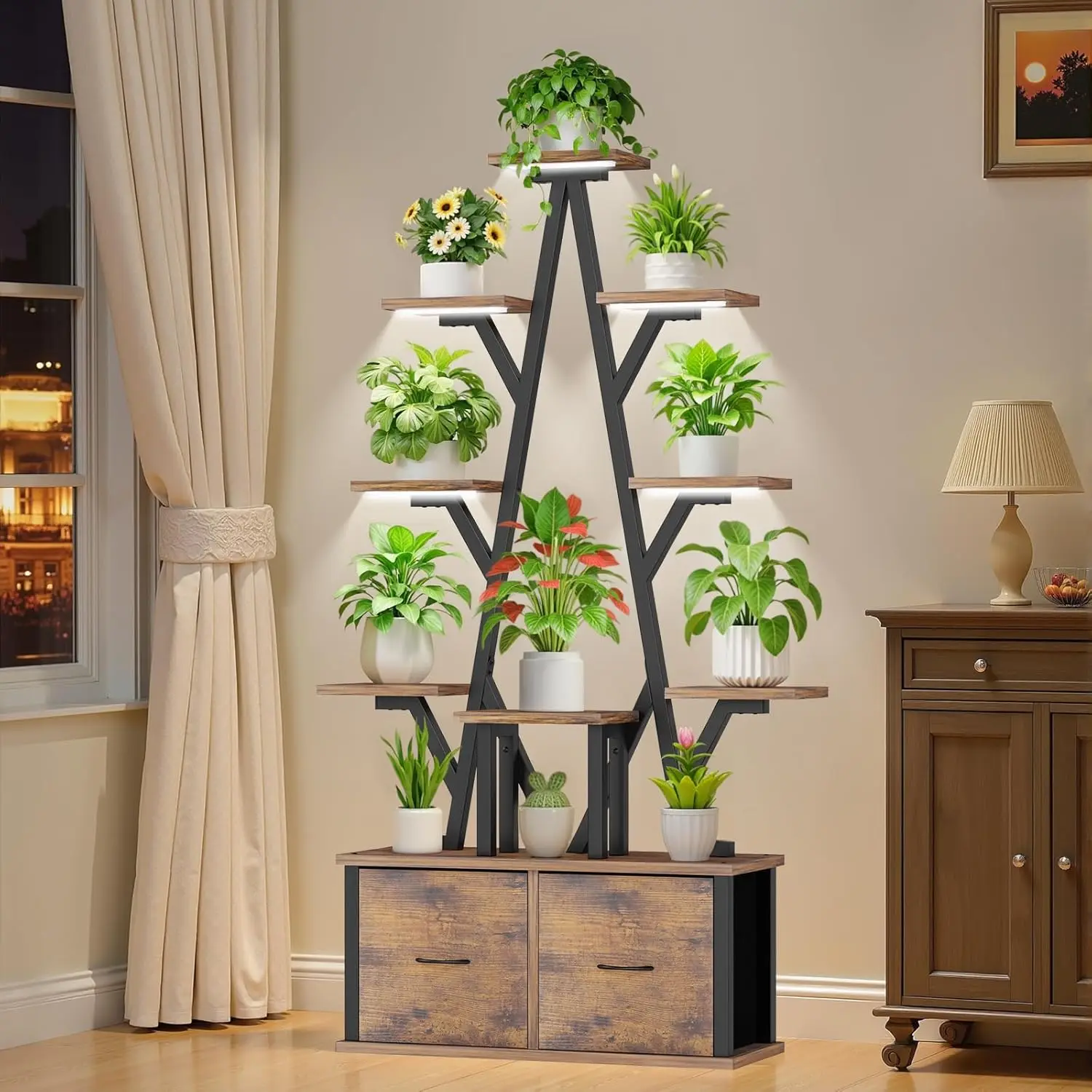 10-Tier Plant Stand with Grow Lights & 2 Drawers, 65