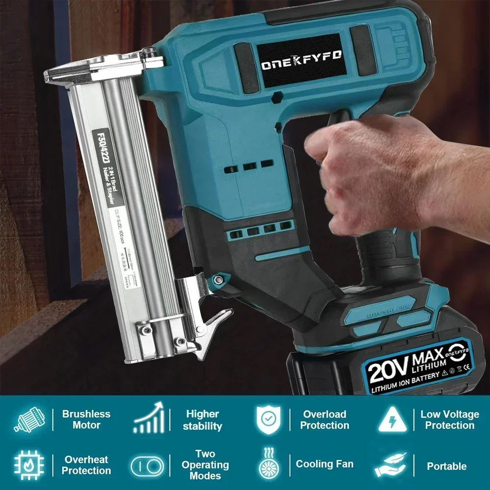 Brushless 2 in 1 Electric Nail Gun stapler For Wood Nailer Stapler Framing U-shape Nail Woodworking Tools For Makita 18V Battery
